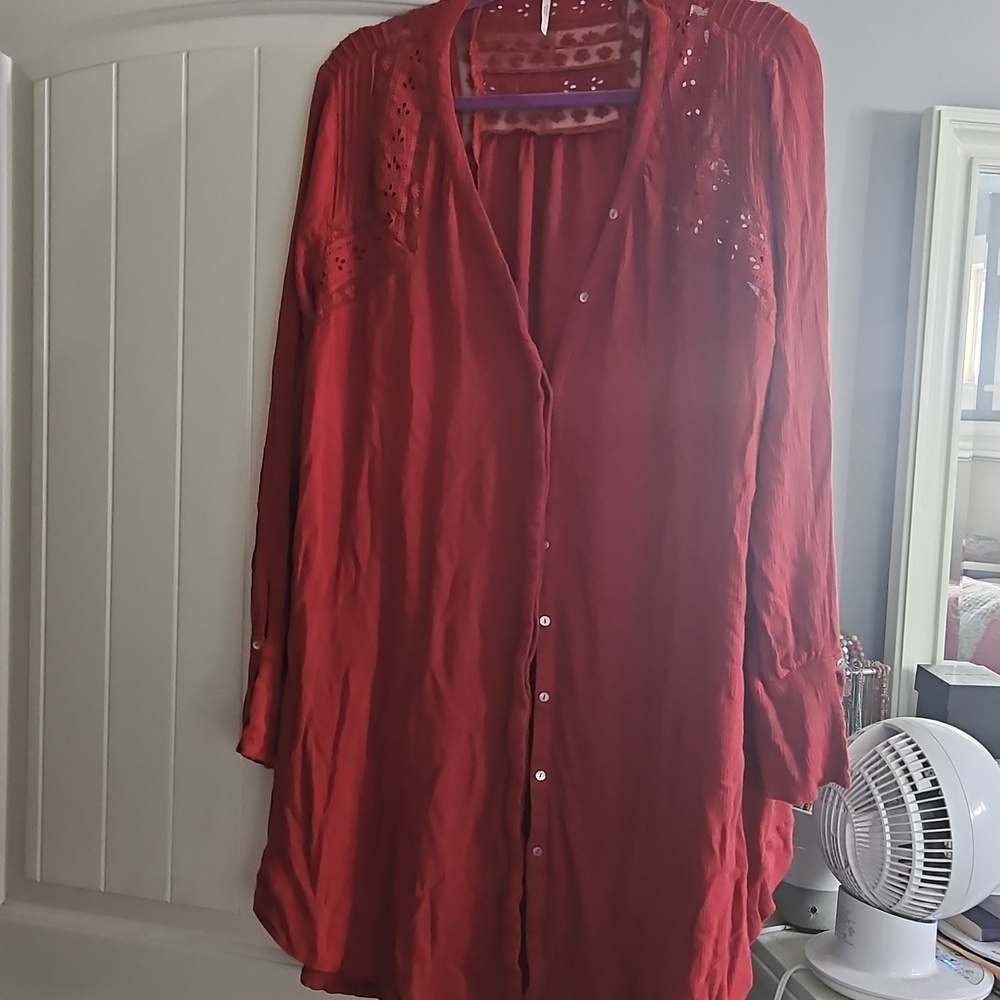 Free People Courtney Victorian Shirt Dress Eyelet Lace Yoke High Low Boho M - Picture 4 of 6